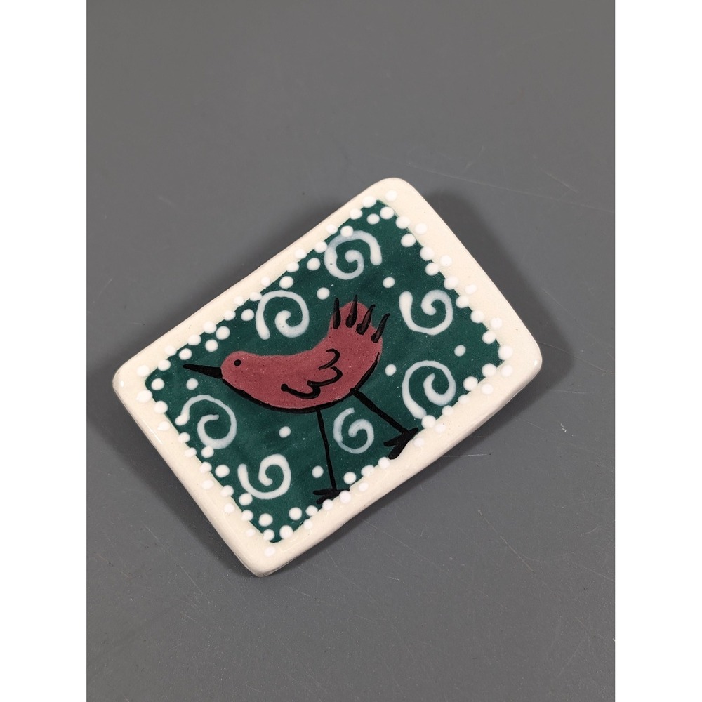 Heather Lane Pottery Red Bird Brooch Ceramic Green Folk Art‎ Pin